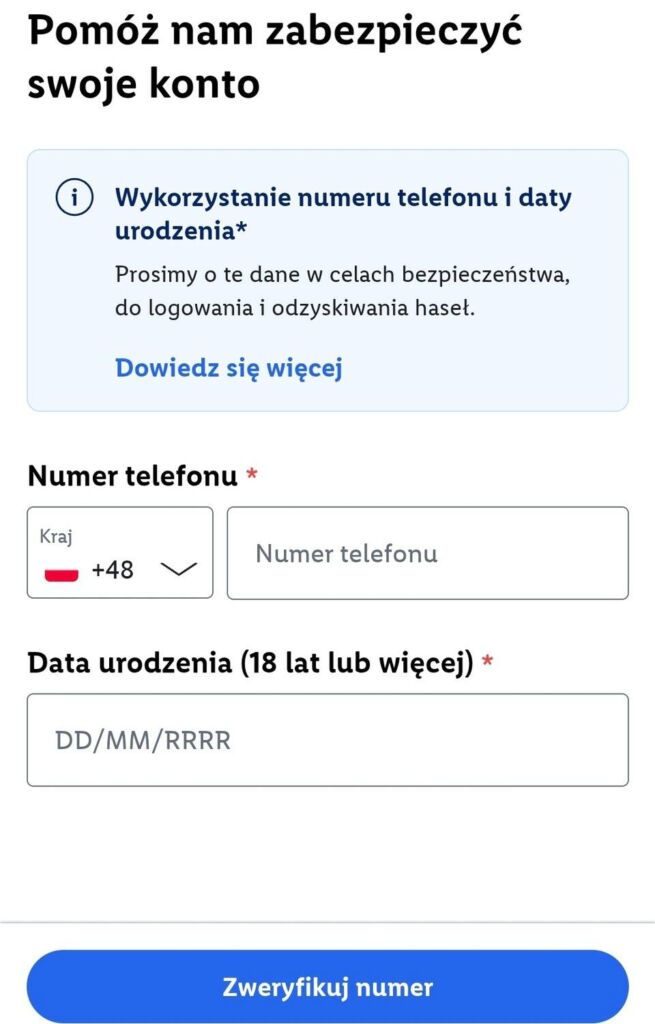 Дата рождения и номер телефона в приложении Лидл Плюс